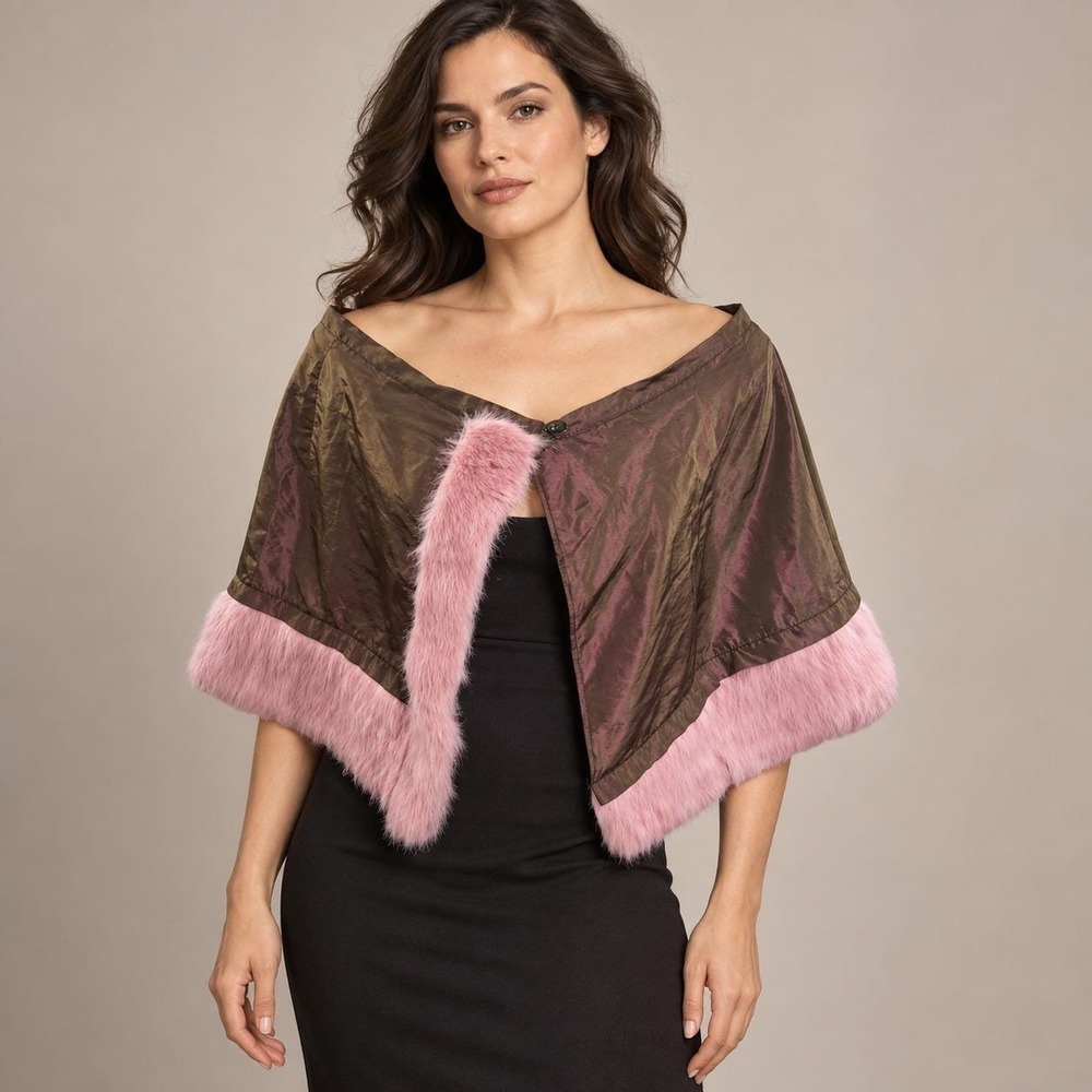 Amaya Arzuaga Iridescent Bronze Brown Pink Faux Fur Trim Capelet Shrug Size 42